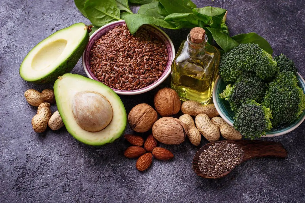 Vegan sources of fat flax, spinach, broccoli, nuts, olive oil, and avocado