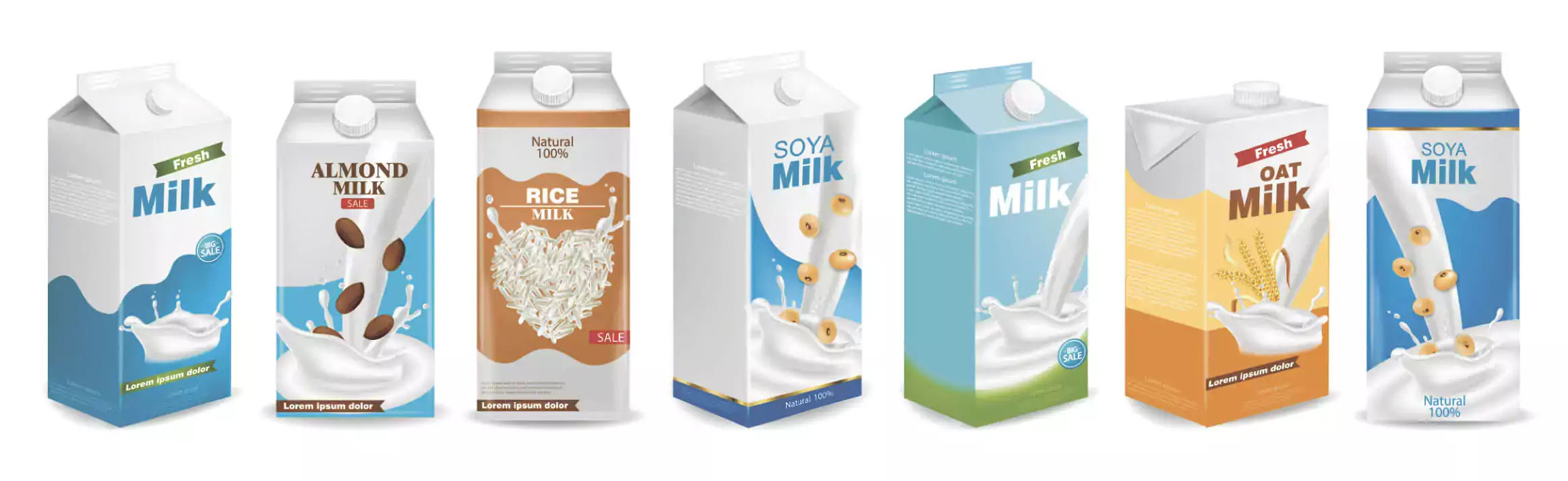 Milk boxes set Vector realistic. Collection of regular milk, oats, soy, rice and almond milk.