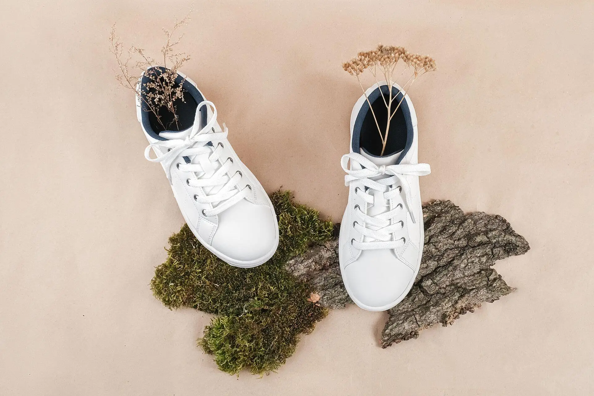 ethical vegan shoes concept. a pair of white sneakers with dry flowers on tree bark and moss